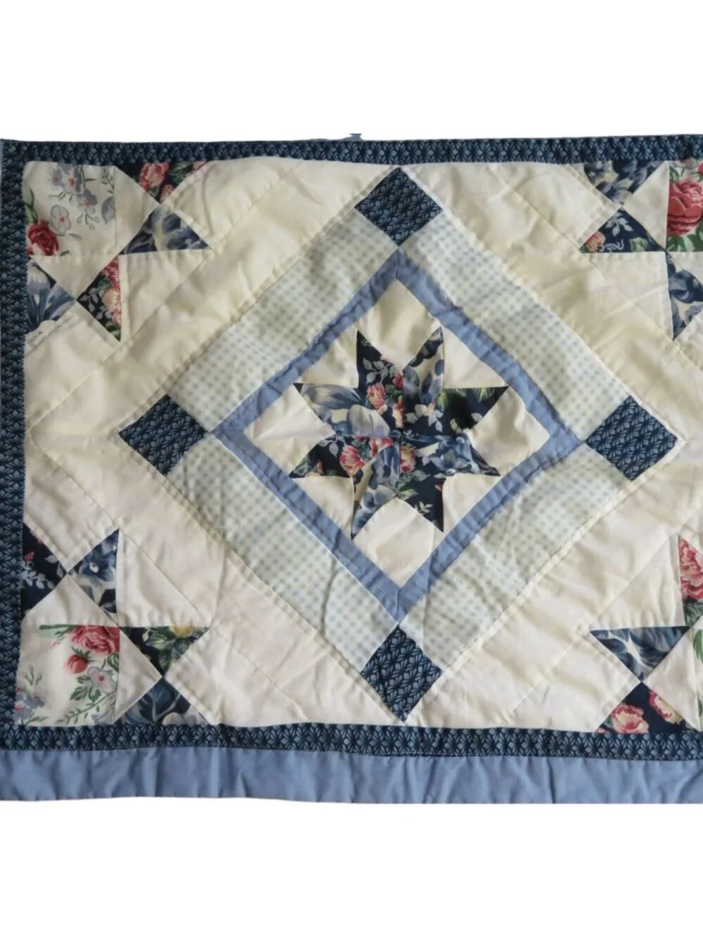 Vintage Set of 2 Hand Quilted Blue White Floral Star Patchwork Shams 20